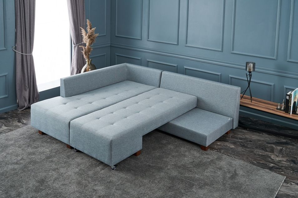 Canapé d'angle convertible tissu bleu clair Divona 282 cm - Photo n°11