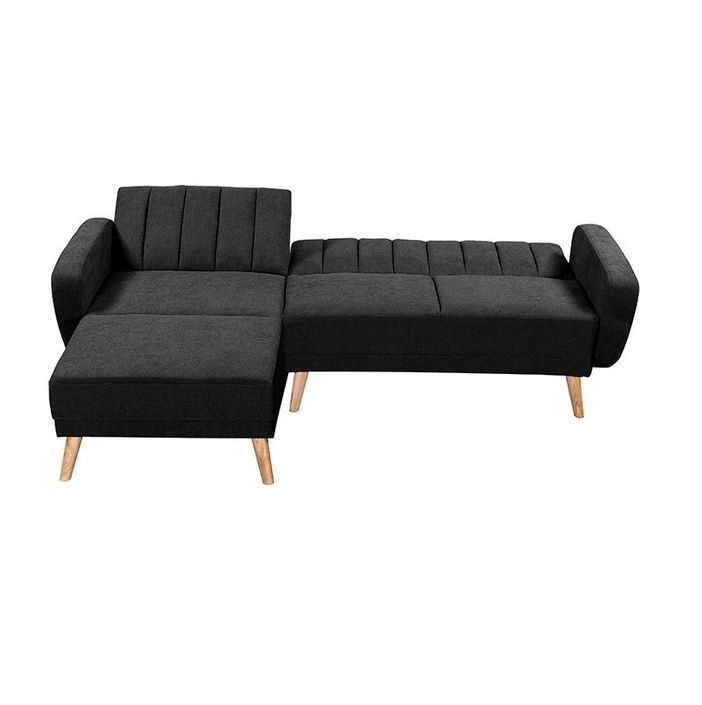 Canapé d'angle convertible tissu noir et pieds bois clair Erly - Photo n°2