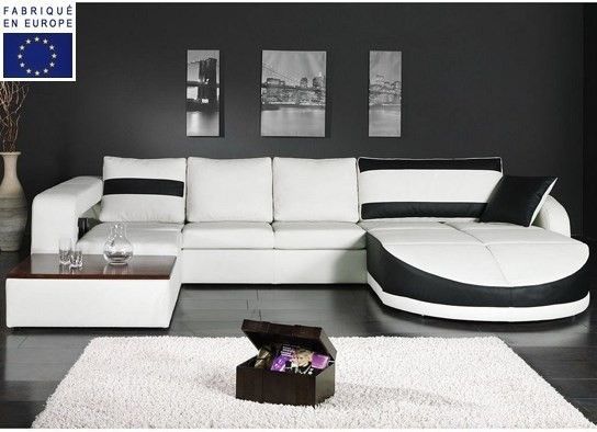Canapé d'angle design simili blanc et noir angle droit Okyo - Photo n°1