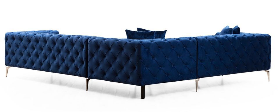 Canapé d'angle droit capitonné velours bleu marine et pieds chromés Herakles 270 cm - Photo n°1