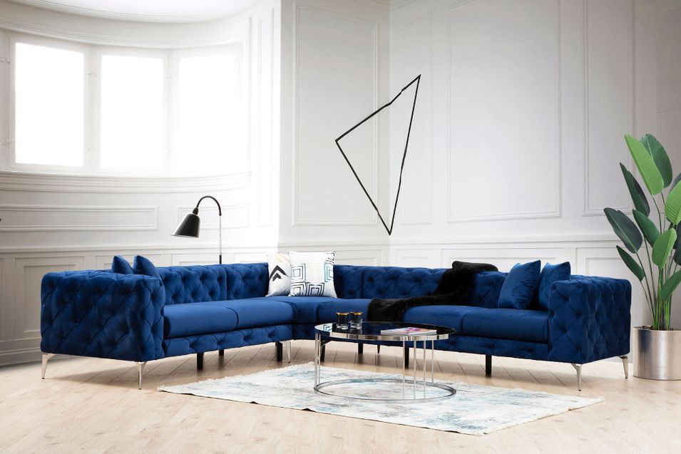 Canapé d'angle droit capitonné velours bleu marine et pieds chromés Herakles 270 cm - Photo n°2