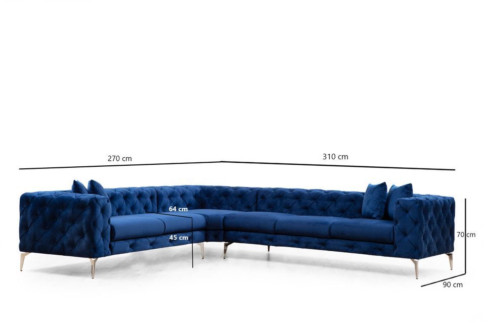 Canapé d'angle droit capitonné velours bleu marine et pieds chromés Herakles 270 cm - Photo n°5