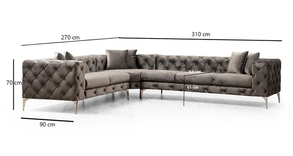Canapé d'angle droit capitonné velours gris foncé et pieds chromés Herakles 270 cm - Photo n°6