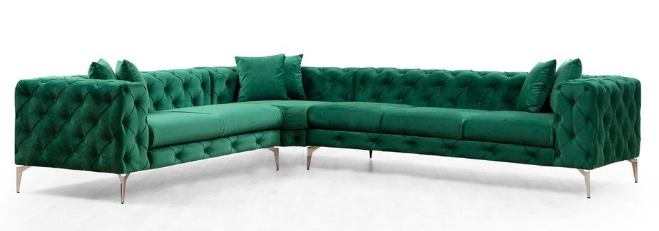 Canapé d'angle droit capitonné velours vert et pieds chromés Herakles 270 cm - Photo n°1