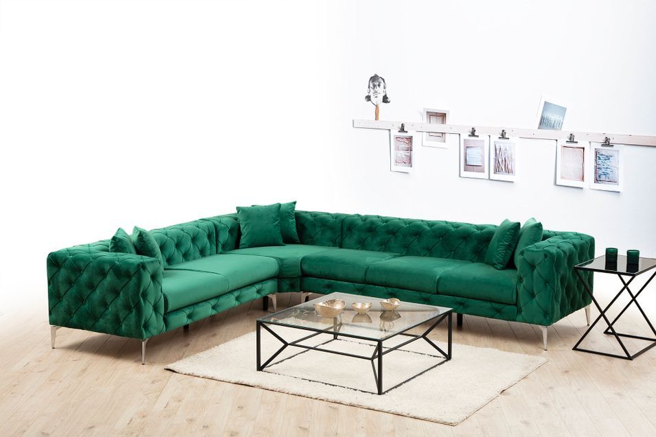 Canapé d'angle droit capitonné velours vert et pieds chromés Herakles 270 cm - Photo n°3