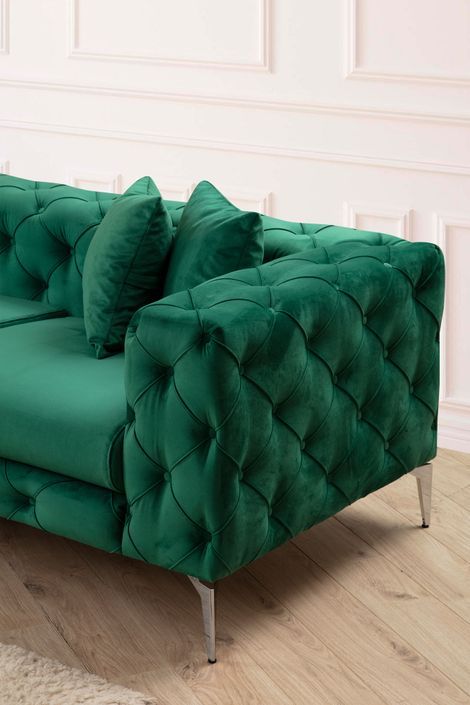 Canapé d'angle droit capitonné velours vert et pieds chromés Herakles 270 cm - Photo n°4