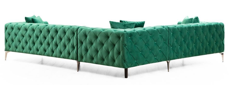 Canapé d'angle droit capitonné velours vert et pieds chromés Herakles 270 cm - Photo n°7