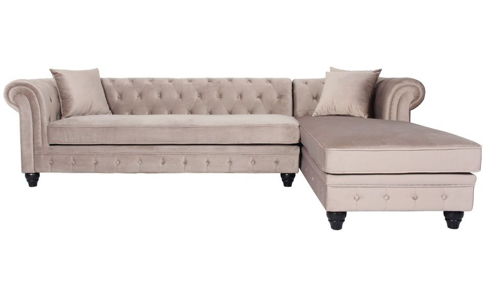 Canapé d'angle droit chesterfield velours taupe Rosee 281 cm - Photo n°1
