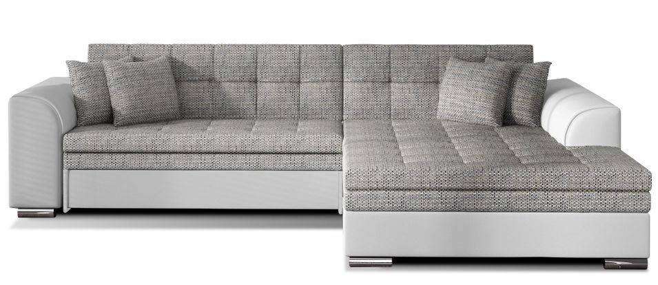 Canapé d'angle droit convertible 4 places tissu gris clair chiné et simili blanc Looka 295 cm - Photo n°1