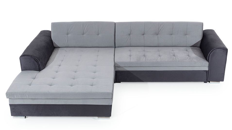Canapé d'angle droit convertible 4 places tissu gris clair chiné et simili blanc Looka 295 cm - Photo n°6