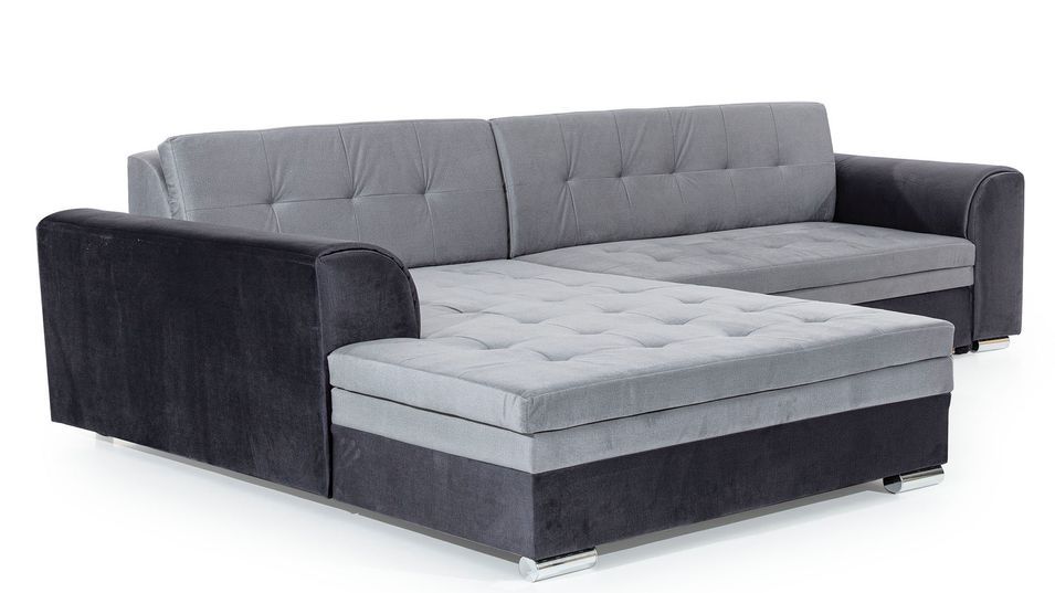 Canapé d'angle droit convertible 4 places tissu gris clair chiné et simili blanc Looka 295 cm - Photo n°10