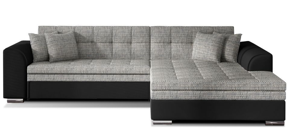 Canapé d'angle droit convertible 4 places tissu gris clair chiné et simili noir Looka 295 cm - Photo n°1