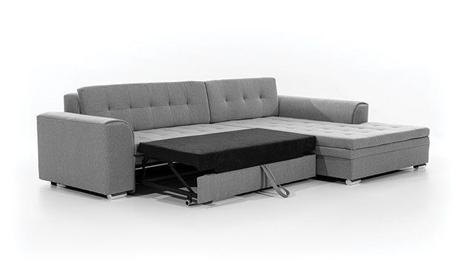 Canapé d'angle droit convertible 4 places tissu gris clair chiné et simili noir Looka 295 cm - Photo n°8