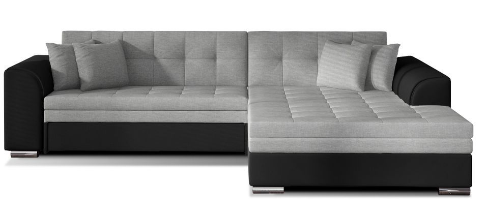 Canapé d'angle droit convertible 4 places tissu gris clair et simili noir Looka 295 cm - Photo n°1