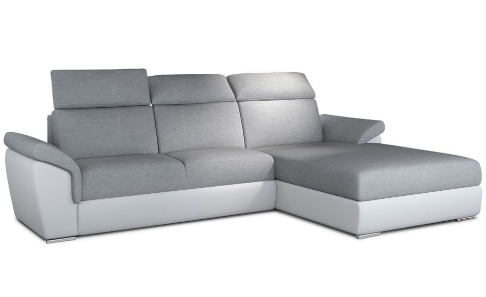 Canapé d'angle droit convertible 5 places tissu gris et simili blanc Evis 272 cm - Photo n°1