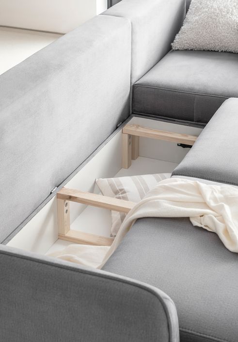 Canapé d'angle droit convertible tissu doux gris clair Zurik 276 cm - Photo n°5