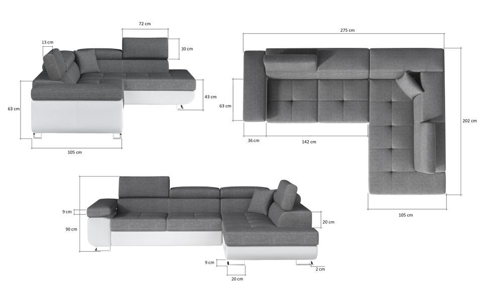 Canapé d'angle droit convertible tissu gris clair et simili cuir blanc Marka 275 cm - Photo n°6