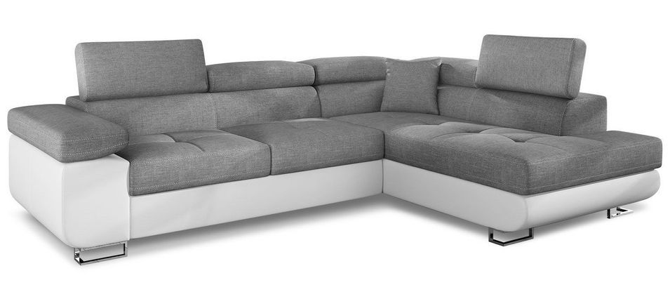 Canapé d'angle droit convertible tissu gris clair et simili cuir blanc Marka 275 cm - Photo n°1
