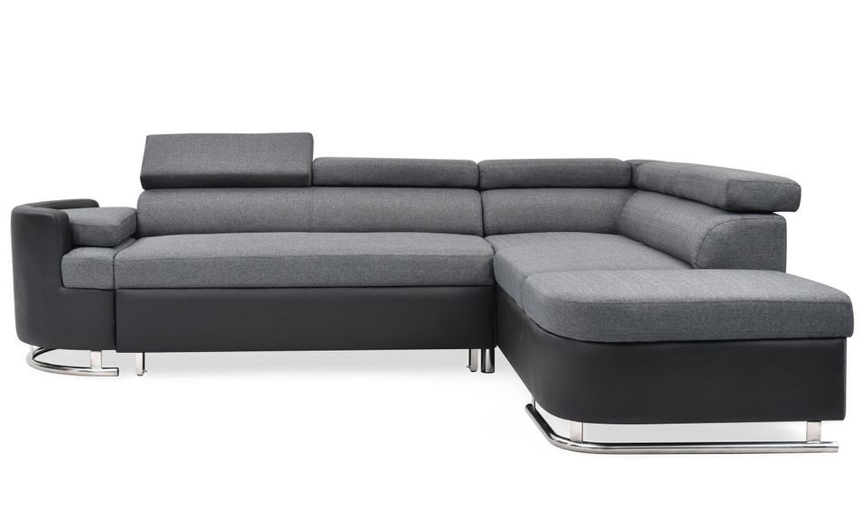 Canapé d'angle droit convertible tissu gris et simili noir Bianka 267 cm - Photo n°1
