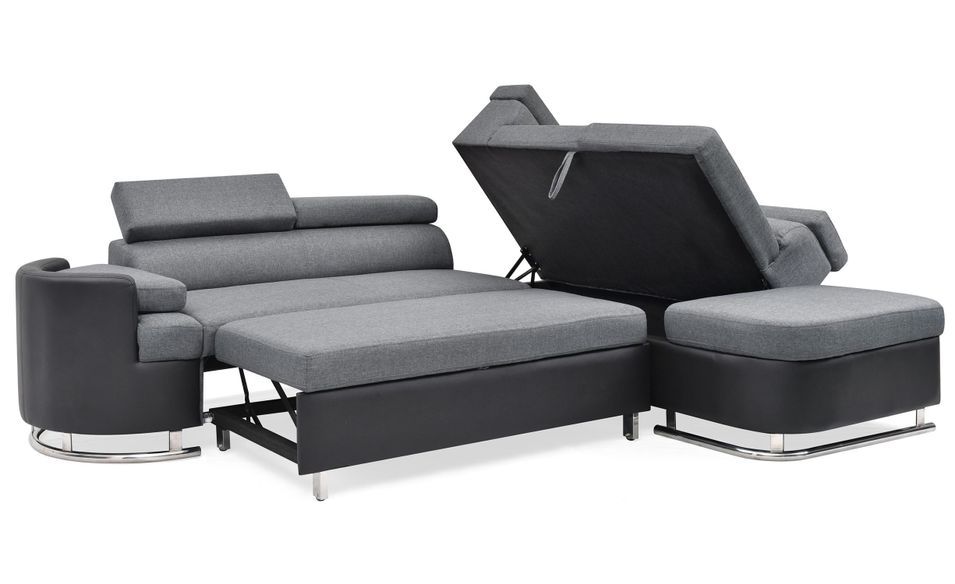 Canapé d'angle droit convertible tissu gris et simili noir Bianka 267 cm - Photo n°3