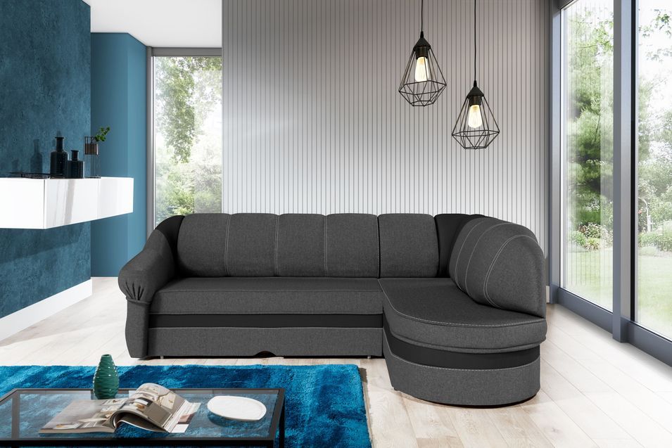 Canapé d'angle droit convertible tissu gris foncé et simili noir Sundy 250 cm - Photo n°2