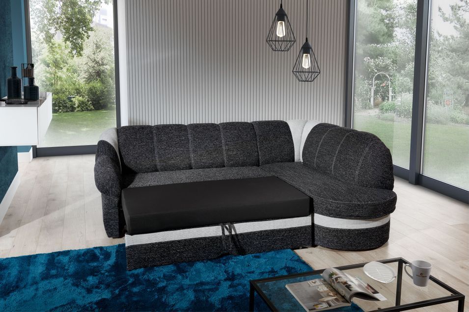 Canapé d'angle droit convertible tissu gris foncé et simili noir Sundy 250 cm - Photo n°15