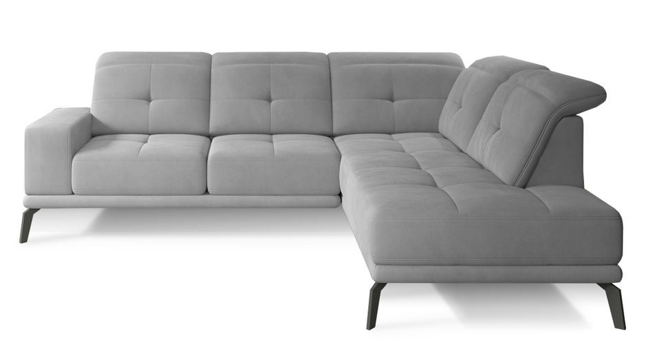 Canapé d'angle droit design matelassé tissu doux brillant gris clair et pied noir Kazane 275 cm - Photo n°1