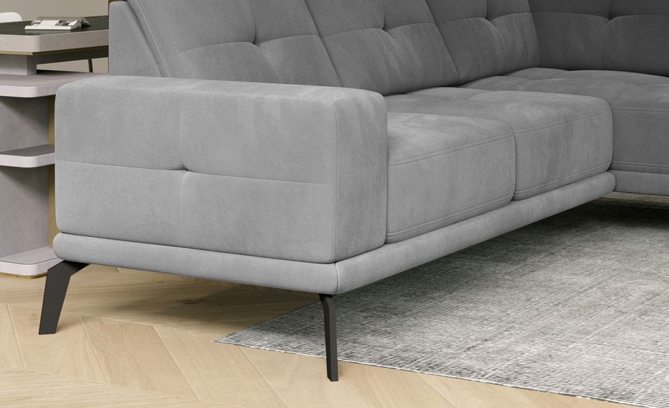 Canapé d'angle droit design matelassé tissu doux brillant gris clair et pied noir Kazane 275 cm - Photo n°5