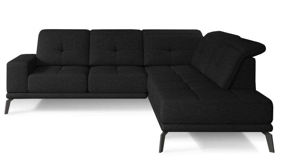 Canapé d'angle droit design matelassé tissu noir et pied noir Kazane 275 cm - Photo n°1