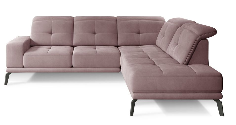 Canapé d'angle droit design matelassé velours rose et pied noir Kazane 275 cm - Photo n°1