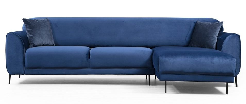 Canapé d'angle droit design velours bleu marine et pieds acier noir Liza - Photo n°1