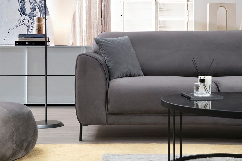 Canapé d'angle droit design velours gris foncé et pieds acier noir Liza - Photo n°5