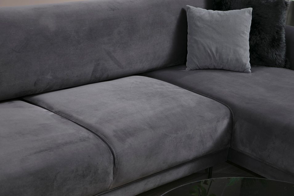Canapé d'angle droit design velours gris foncé et pieds acier noir Liza - Photo n°10