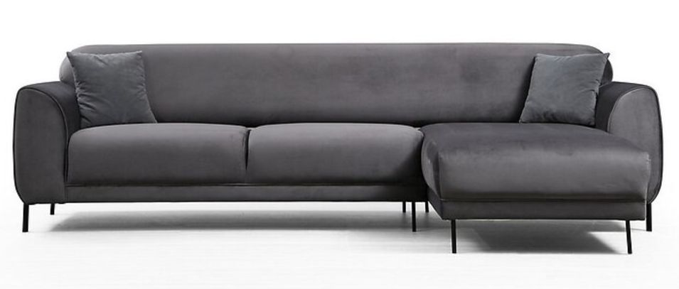 Canapé d'angle droit design velours gris foncé et pieds acier noir Liza - Photo n°1