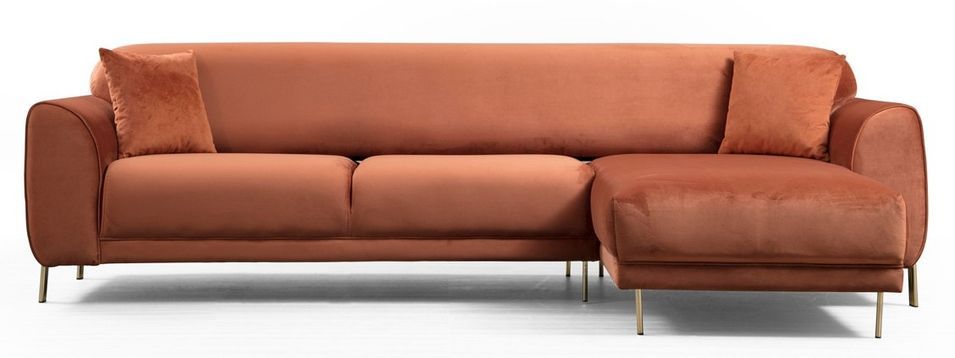 Canapé d'angle droit design velours orange et pieds acier doré Liza - Photo n°1