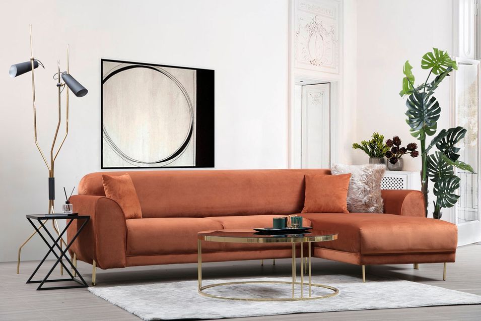 Canapé d'angle droit design velours orange et pieds acier doré Liza - Photo n°6