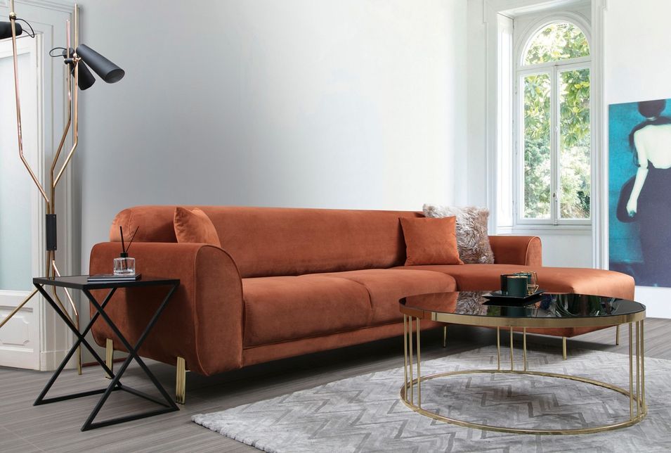 Canapé d'angle droit design velours orange et pieds acier doré Liza - Photo n°7
