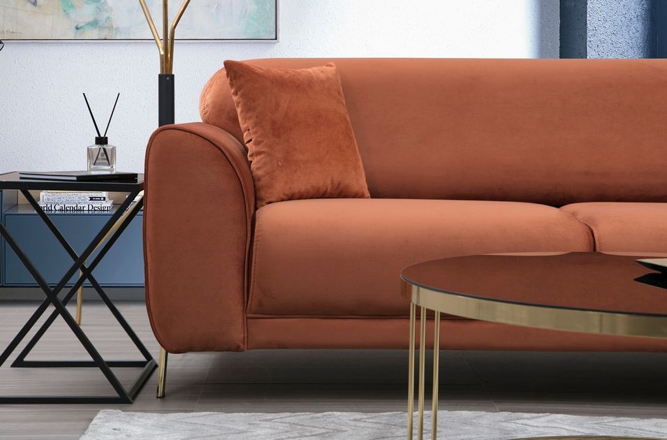Canapé d'angle droit design velours orange et pieds acier doré Liza - Photo n°9