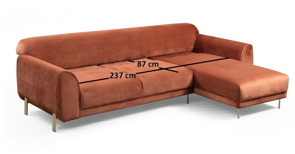 Canapé d'angle droit design velours orange et pieds acier doré Liza - Photo n°10