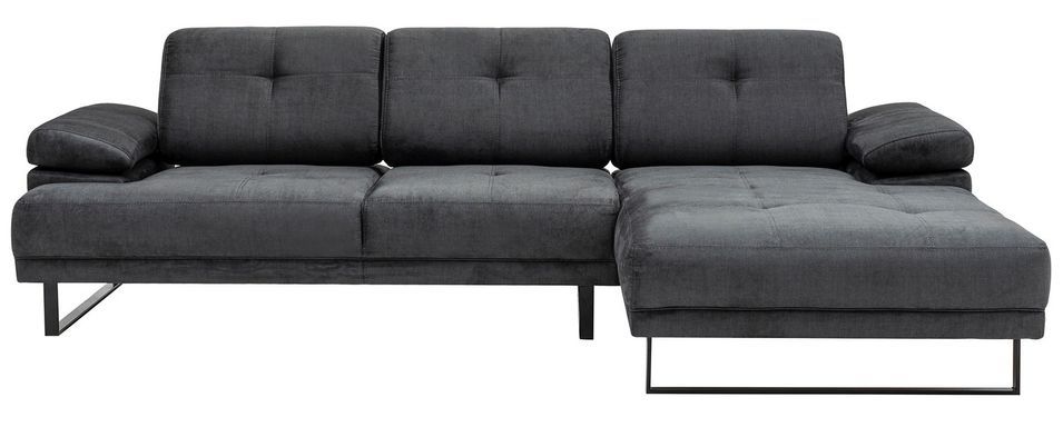 Canapé d'angle droit moderne tissu doux anthracite pieds métal noir Kustone 274 cm - Photo n°1