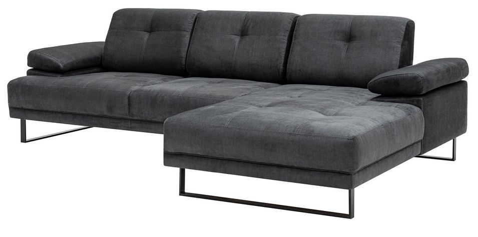 Canapé d'angle droit moderne tissu doux anthracite pieds métal noir Kustone 274 cm - Photo n°2