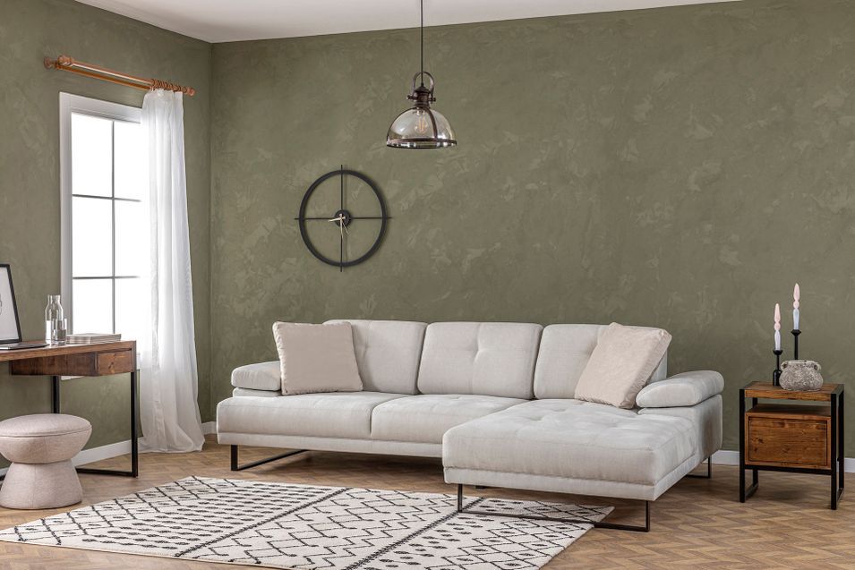 Canapé d'angle droit moderne tissu doux beige clair pieds métal noir Kustone 274 cm - Photo n°7