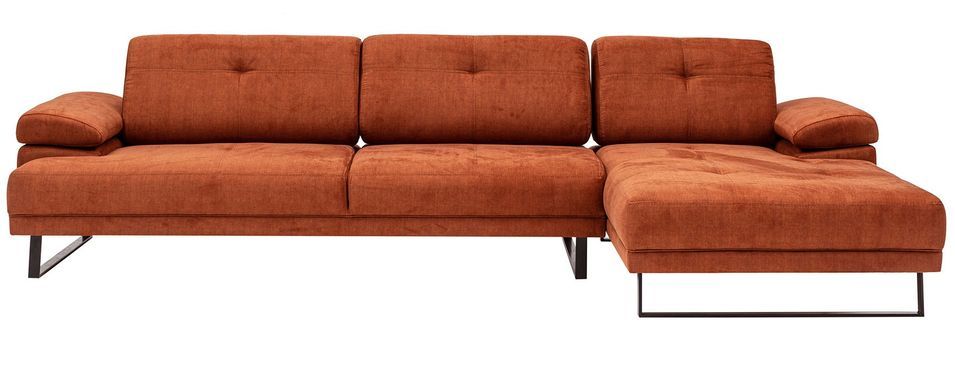 Canapé d'angle droit moderne tissu doux orange pieds métal noir Kustone 274 cm - Photo n°1