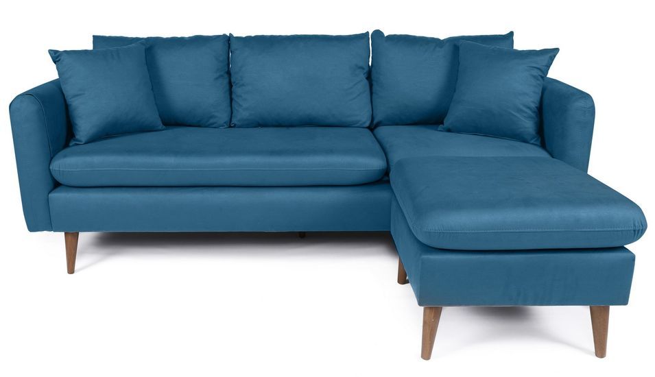 Canapé d'angle droit tissu bleu canard avec pieds en bois naturel Rival 215 cm - Photo n°1