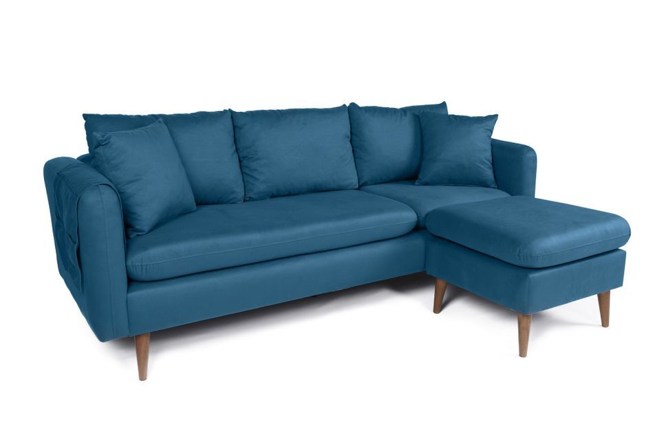 Canapé d'angle droit tissu bleu canard avec pieds en bois naturel Rival 215 cm - Photo n°2