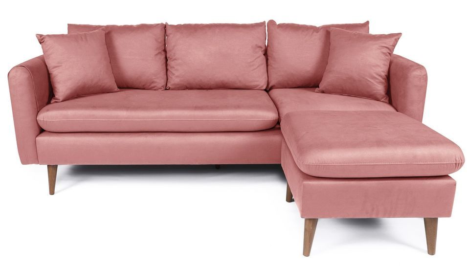 Canapé d'angle droit tissu rose avec pieds en bois naturel Rival 215 cm - Photo n°1