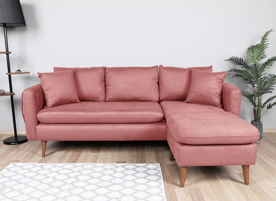 Canapé d'angle droit tissu rose avec pieds en bois naturel Rival 215 cm - Photo n°3