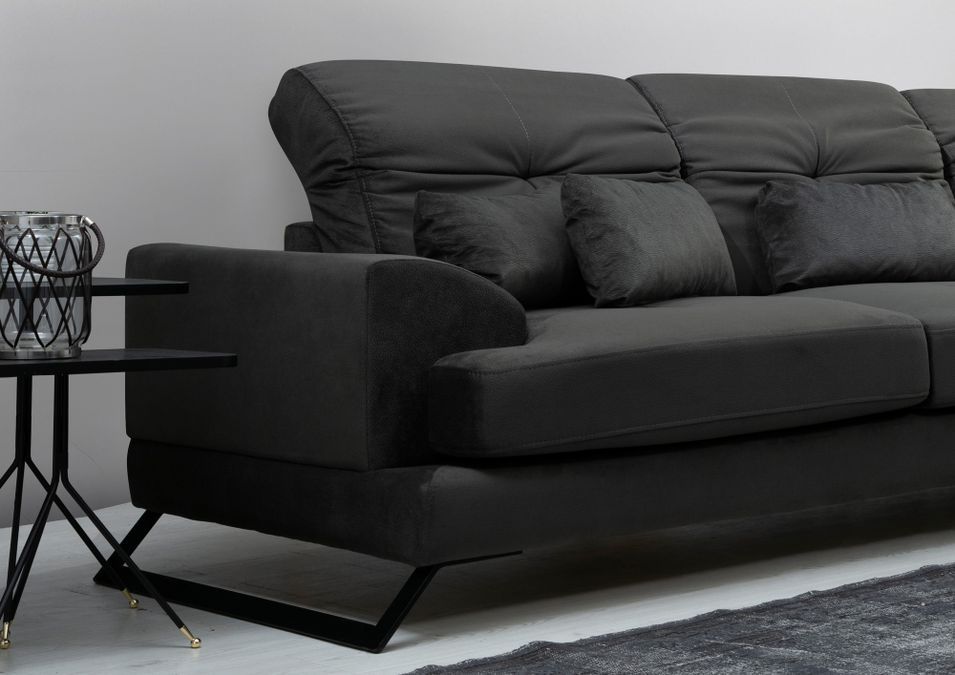 Canapé d'angle droit velours anthracite avec têtières relevables et pieds metal noir Briko 308 cm - Photo n°9