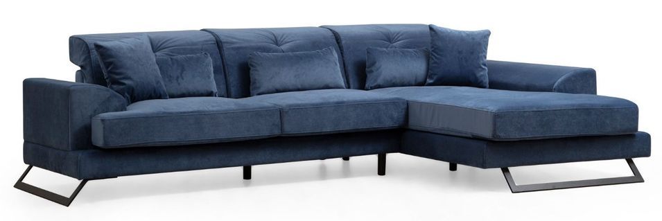 Canapé d'angle droit velours bleu avec têtières relevables et pieds metal noir Briko 308 cm - Photo n°1