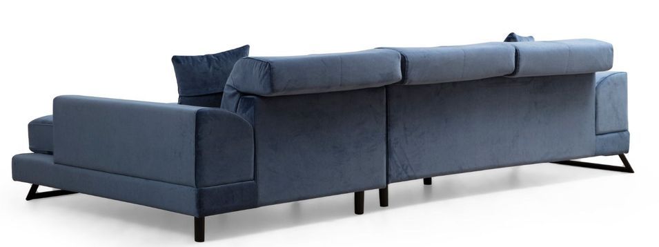 Canapé d'angle droit velours bleu avec têtières relevables et pieds metal noir Briko 308 cm - Photo n°4